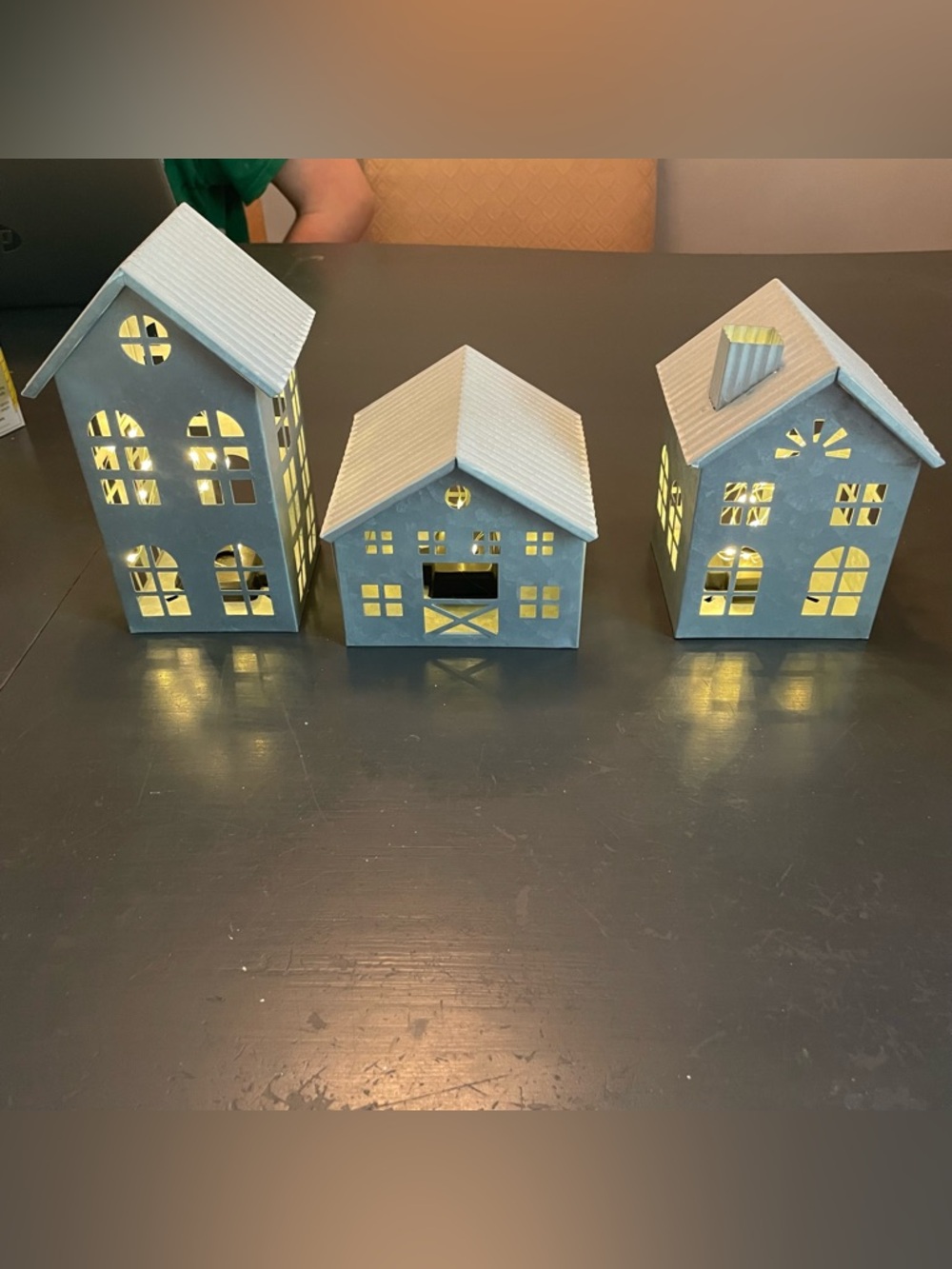Set of 3 Metal House or barns rustic country chic - Gray with Warm Interior Glow